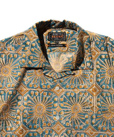 Open Collar Block Print Flower - Blue