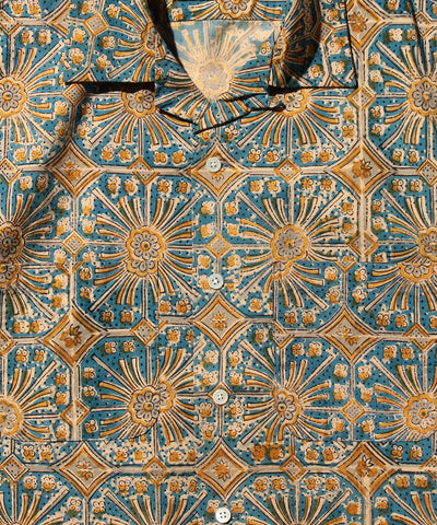 Open Collar Block Print Flower - Blue