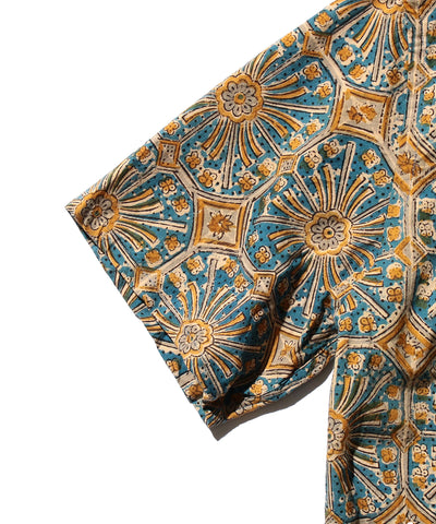Open Collar Block Print Flower - Blue