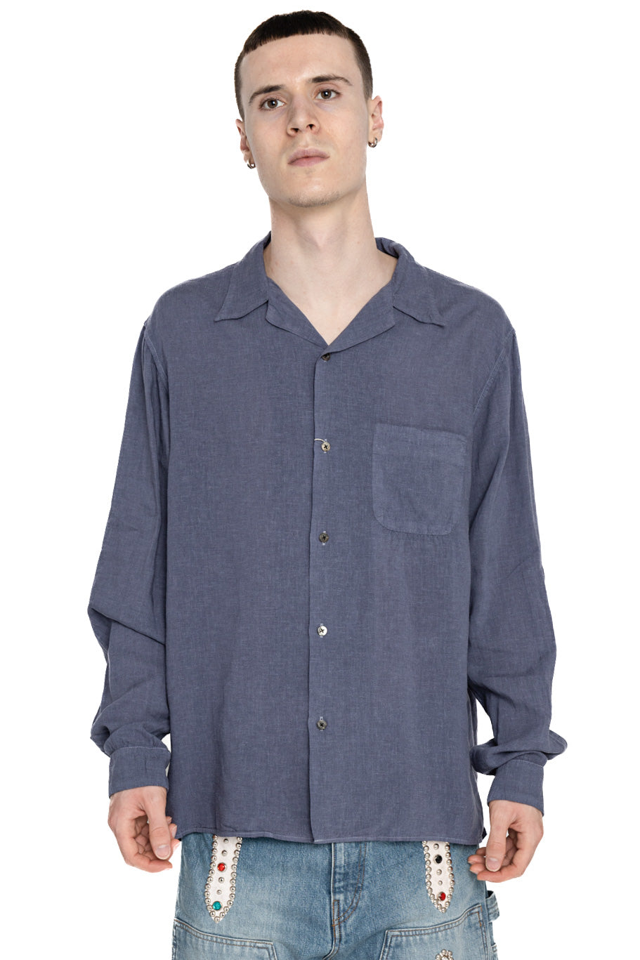 Soft Linen Open Collar Shirt - Grey Purple