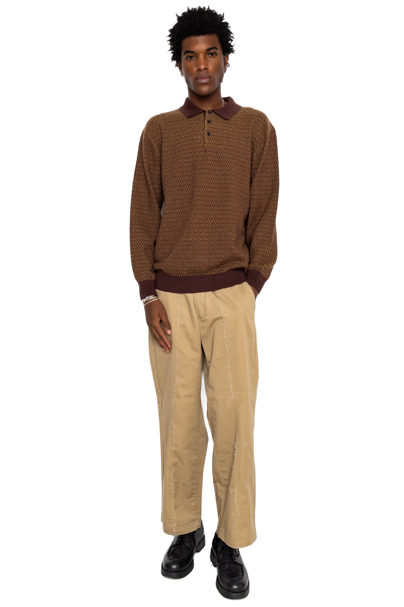 Knit Polo Diamond Pattern - Brown