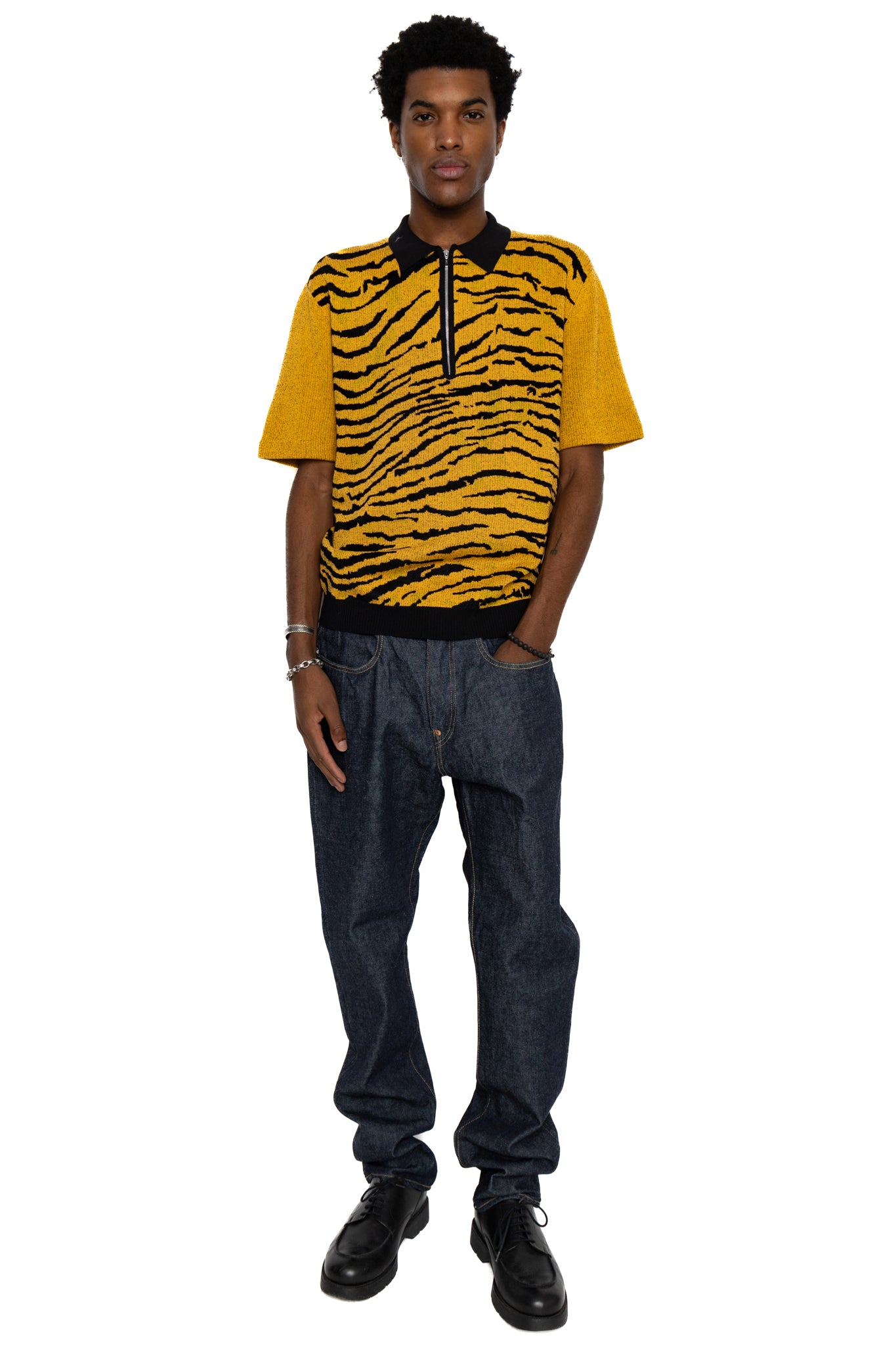 Beams Plus Half Zip Knit Polo Animal Jacquard - Tiger – BLUE IN