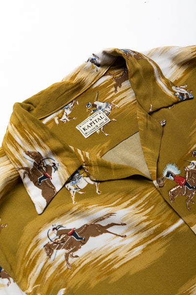 Kapital Rayon Aloha Shirt in Gold - lightweight shirt with Japanese motif 