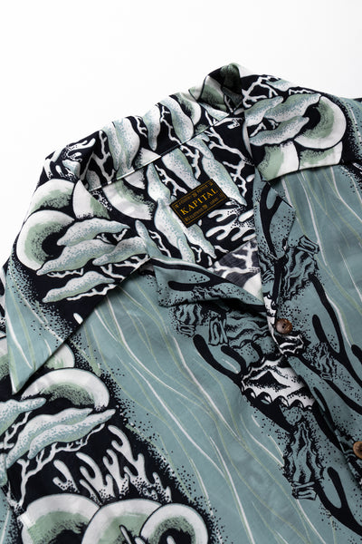 Silk Rayon SOUFFLE & ARROWHEAD WRANGLE Collar Aloha Shirt - Turquoise