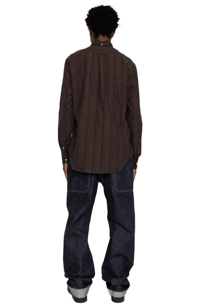 Vintage Button Down Shirt - Brown Cotton/Linen Dobby Stripe
