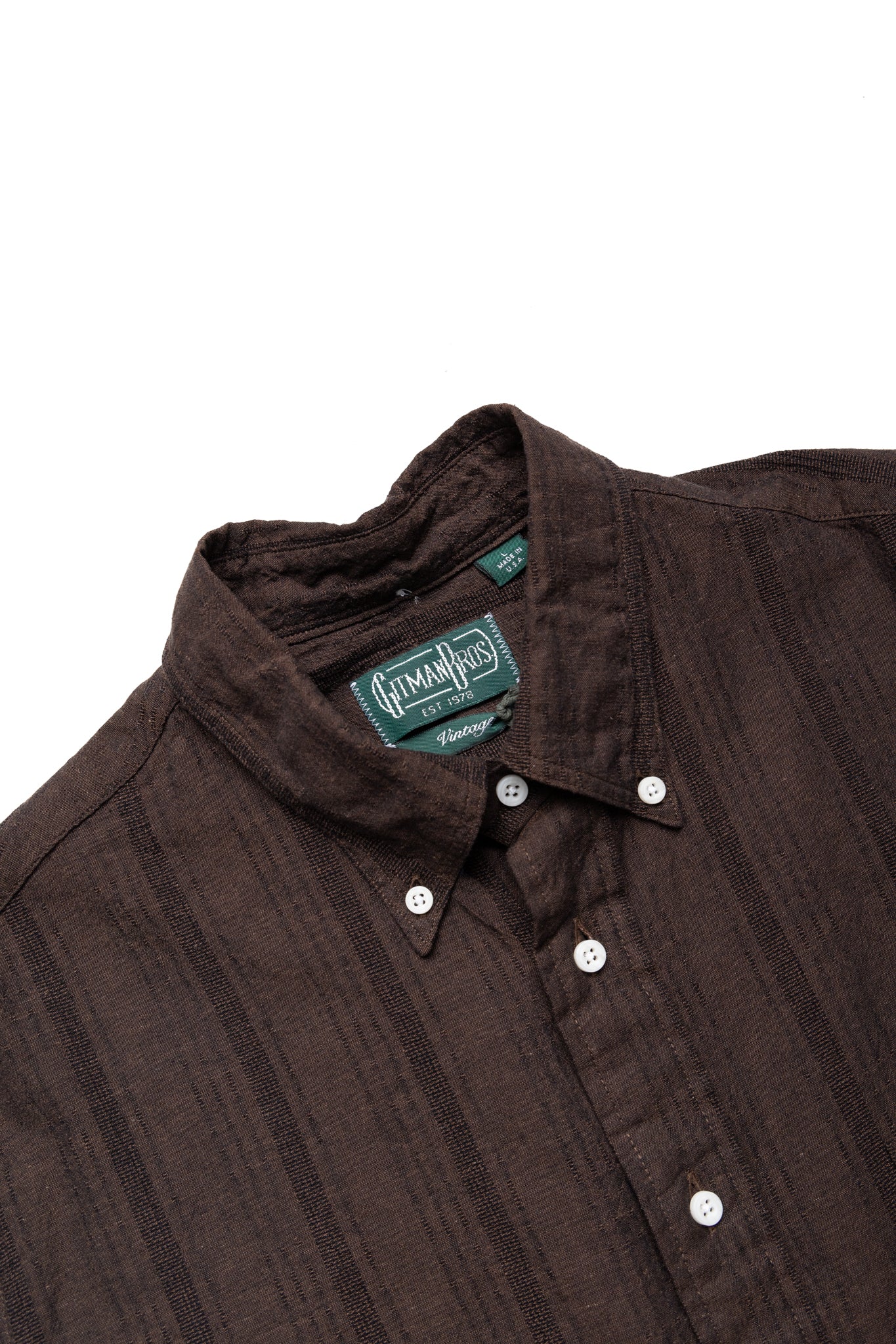 Vintage Button Down Shirt - Brown Cotton/Linen Dobby Stripe