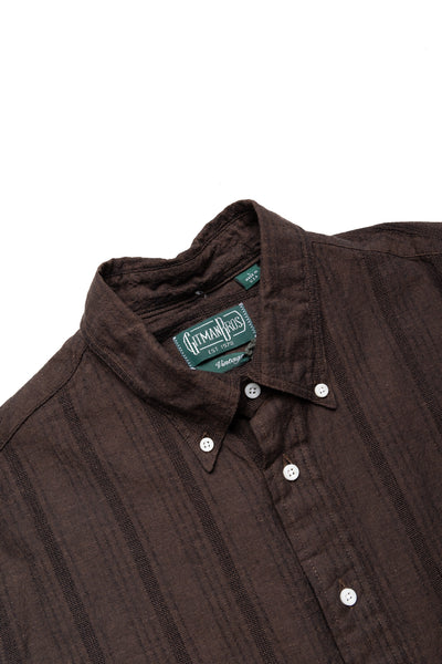 Vintage Button Down Shirt - Brown Cotton/Linen Dobby Stripe