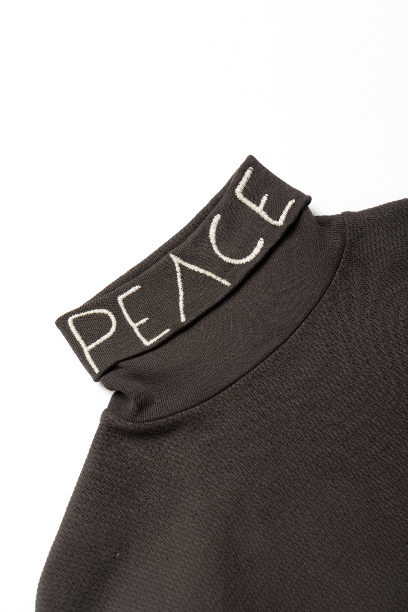 Waffle Jersey High-Neck Long Sleeve T (PEACE Embroidery) - Ink Black