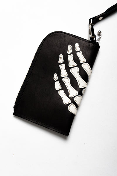 Leather THUMBS-UP BONE HAND ZIP Neck Pouch - Black