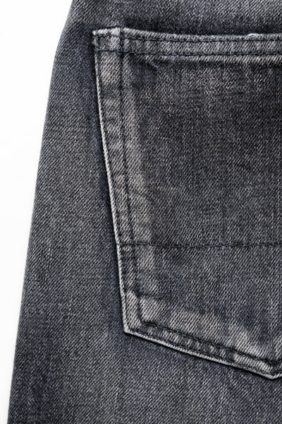 Studio D'Artisan Original Japanese Selvedge denim - 13oz in a Relaxed Taper Fit. Color: Faded Black. Distressed and Rope dyed 