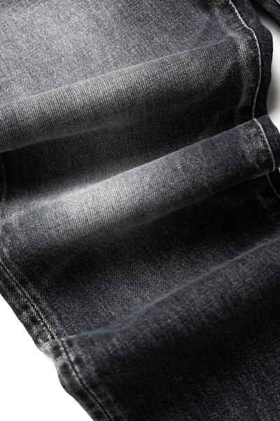 Studio D'Artisan Original Japanese Selvedge denim - 13oz in a Relaxed Taper Fit. Color: Faded Black. Distressed and Rope dyed 