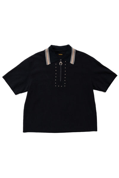 Densed Piquet WRANGLE Collar ZIP-UP PUEBLO Polo - Black