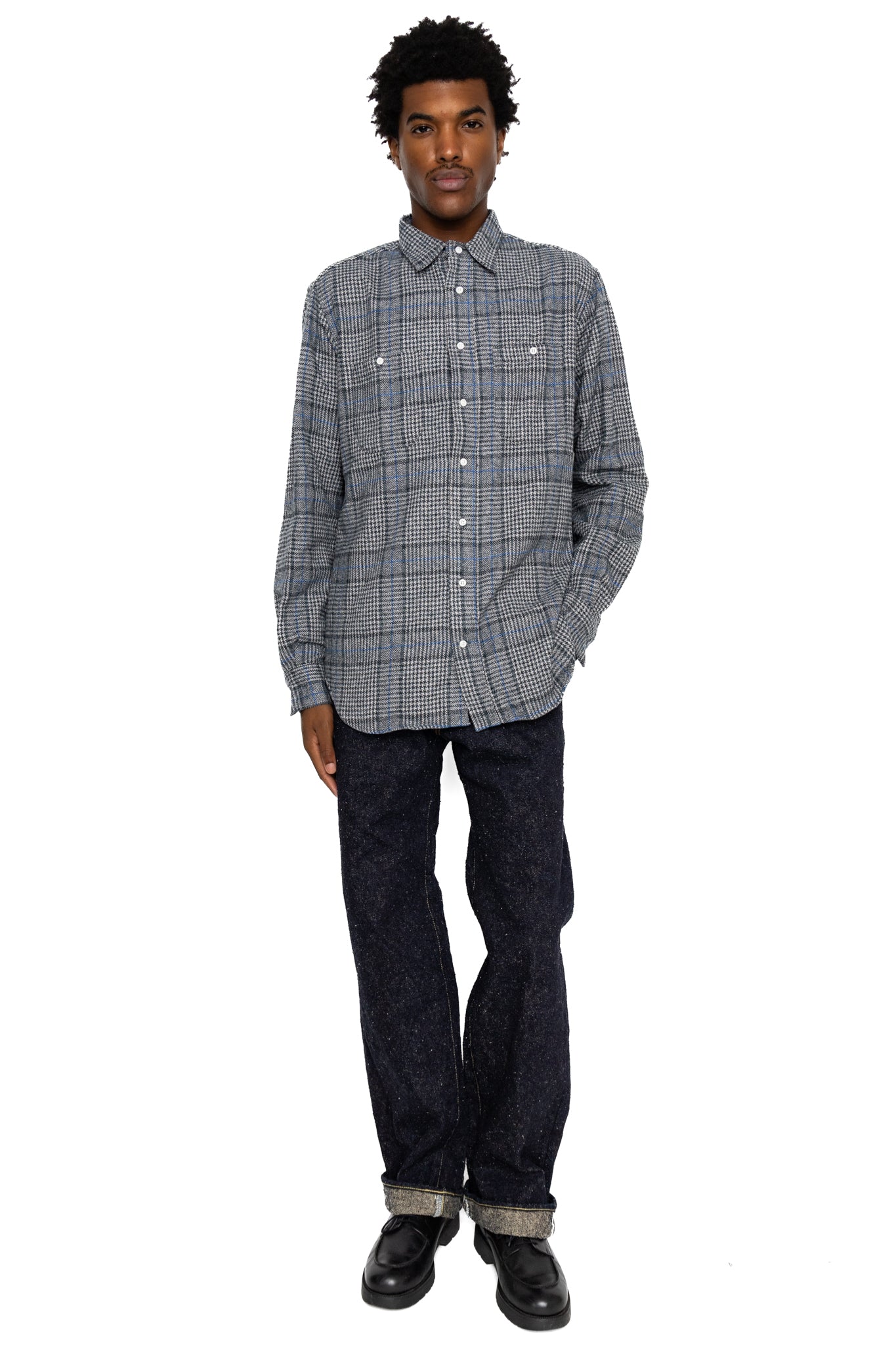 L/S 2 Pocket Work Shirt - Grey Cotton Tweed Check