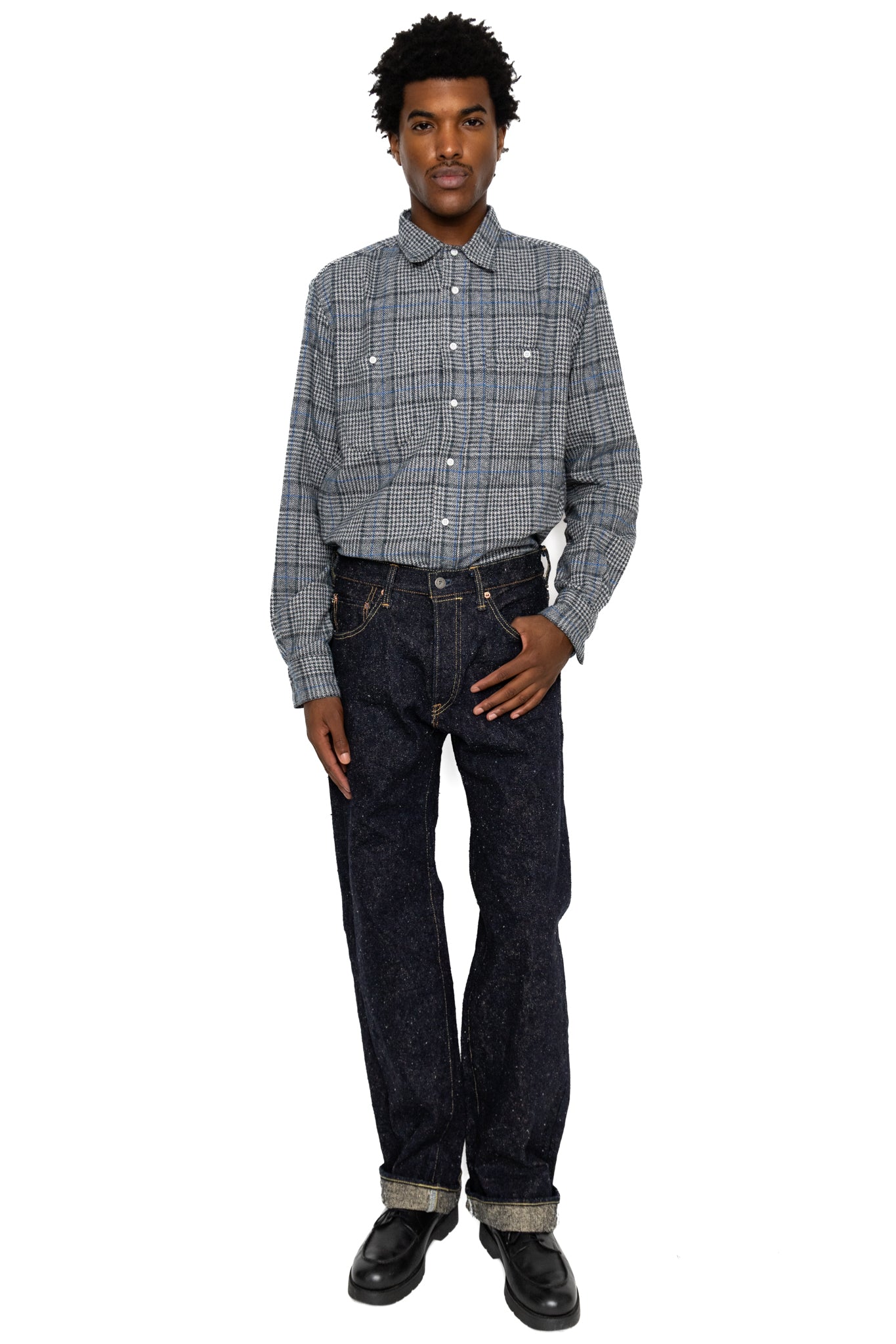 L/S 2 Pocket Work Shirt - Grey Cotton Tweed Check