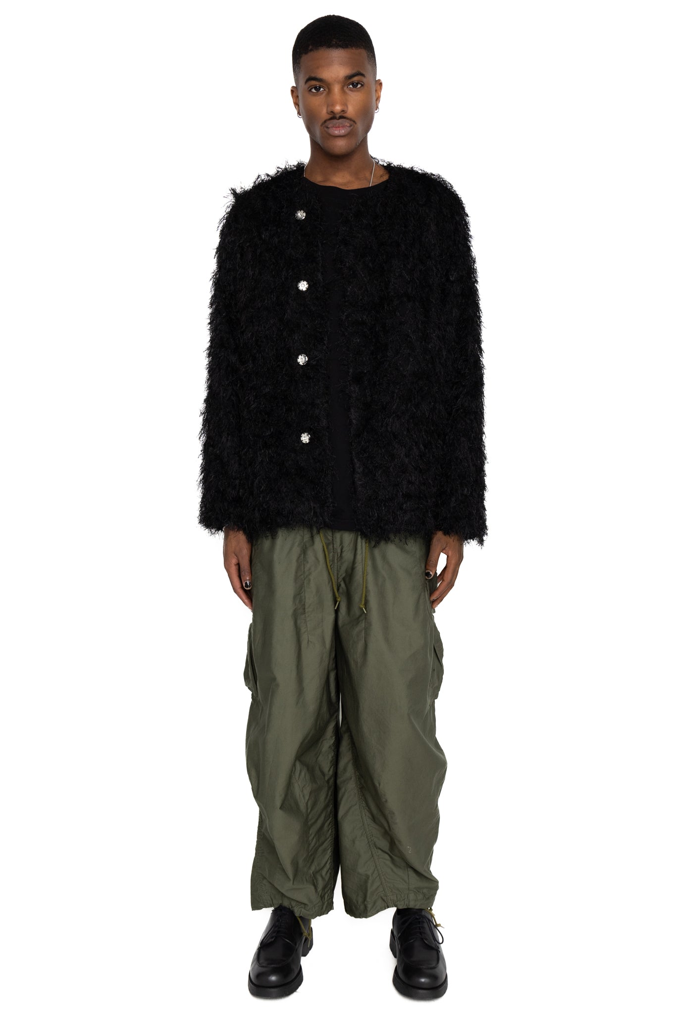 Snap Cardigan Jacket PE/R Argyle Fringe Jq. - Black