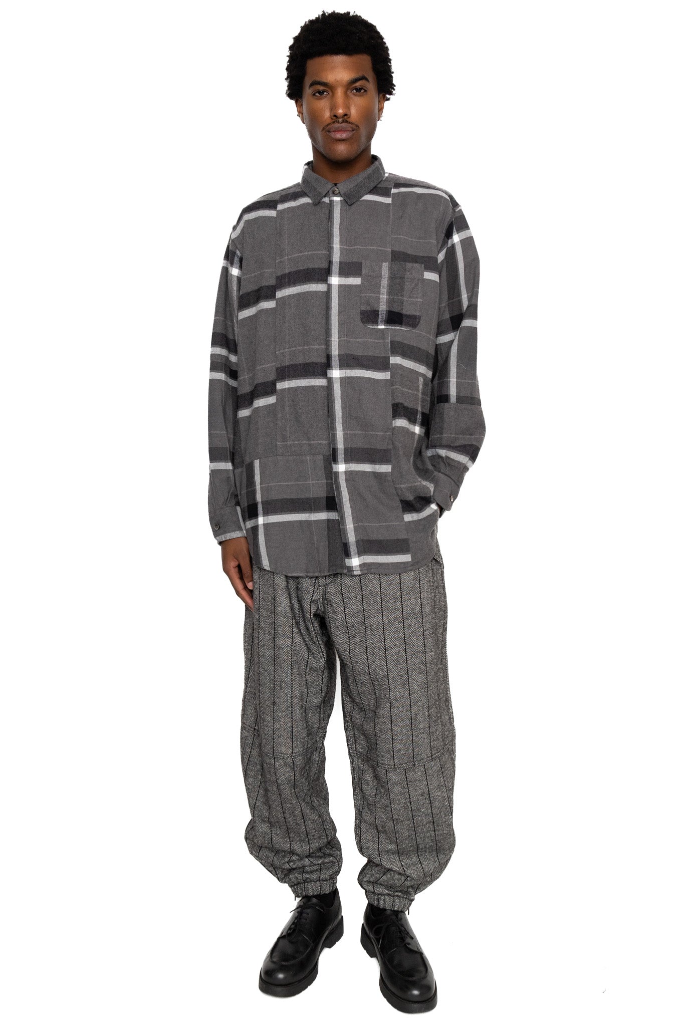 Combo Short Collar Shirt Cotton Brushed Big Plaid - Grey x Black