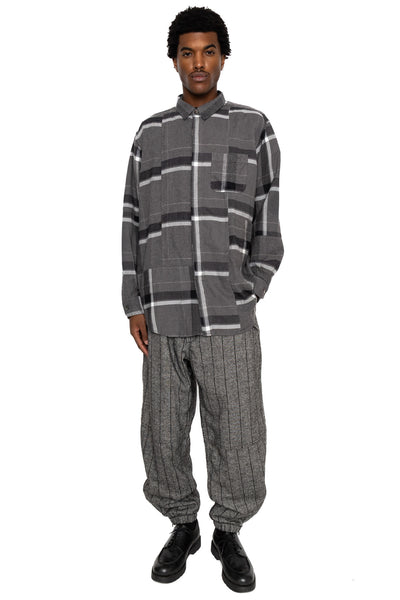 Combo Short Collar Shirt Cotton Brushed Big Plaid - Grey x Black