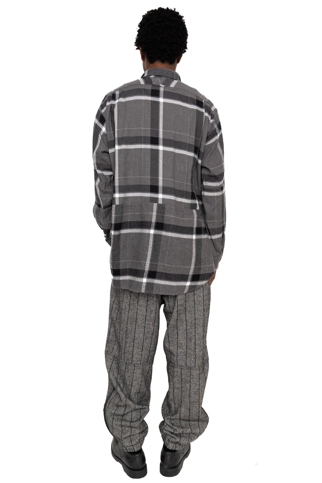 Combo Short Collar Shirt Cotton Brushed Big Plaid - Grey x Black
