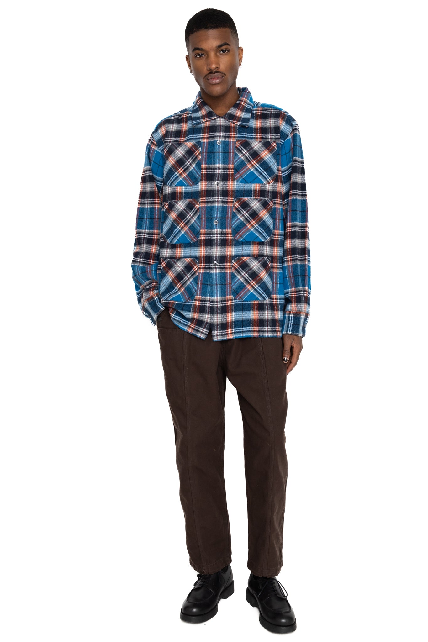 6 Pocket Shirt Flannel Twill / Plaid- Blue x Orange