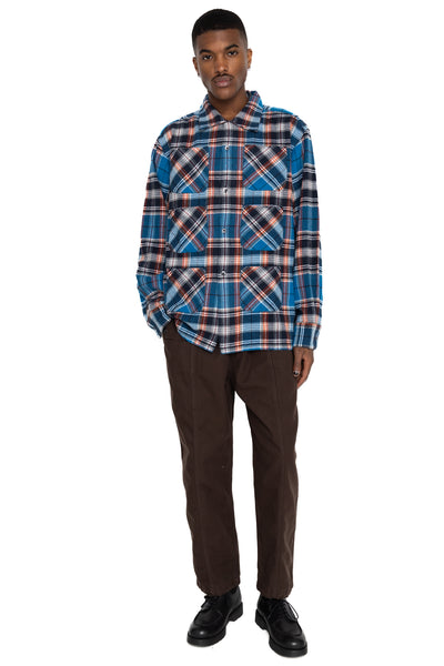 6 Pocket Shirt Flannel Twill / Plaid- Blue x Orange