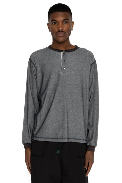 Double Face Vintage Pinstripe Rib Knit L/S Henley - N. Black