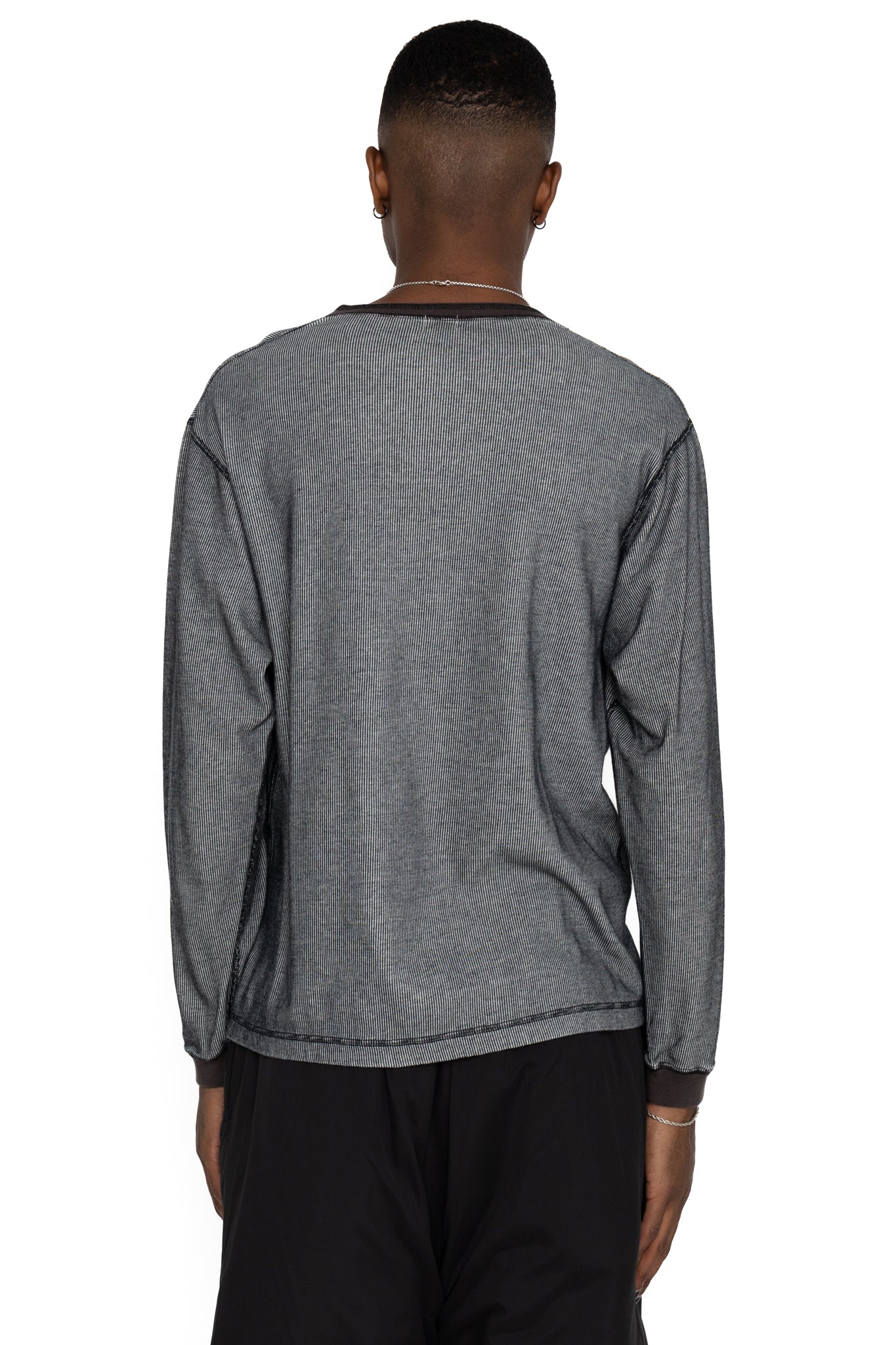 Double Face Vintage Pinstripe Rib Knit L/S Henley - N. Black