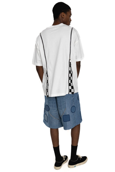  OLD PARK's x MINEDENIM's original denim T-shirt made from 6oz natural slub light ounce denim. Various silhouettes can be adjusted by opening and closing the zipper that runs from the shoulder to the hem. Loose silhouette denim T-shirt 