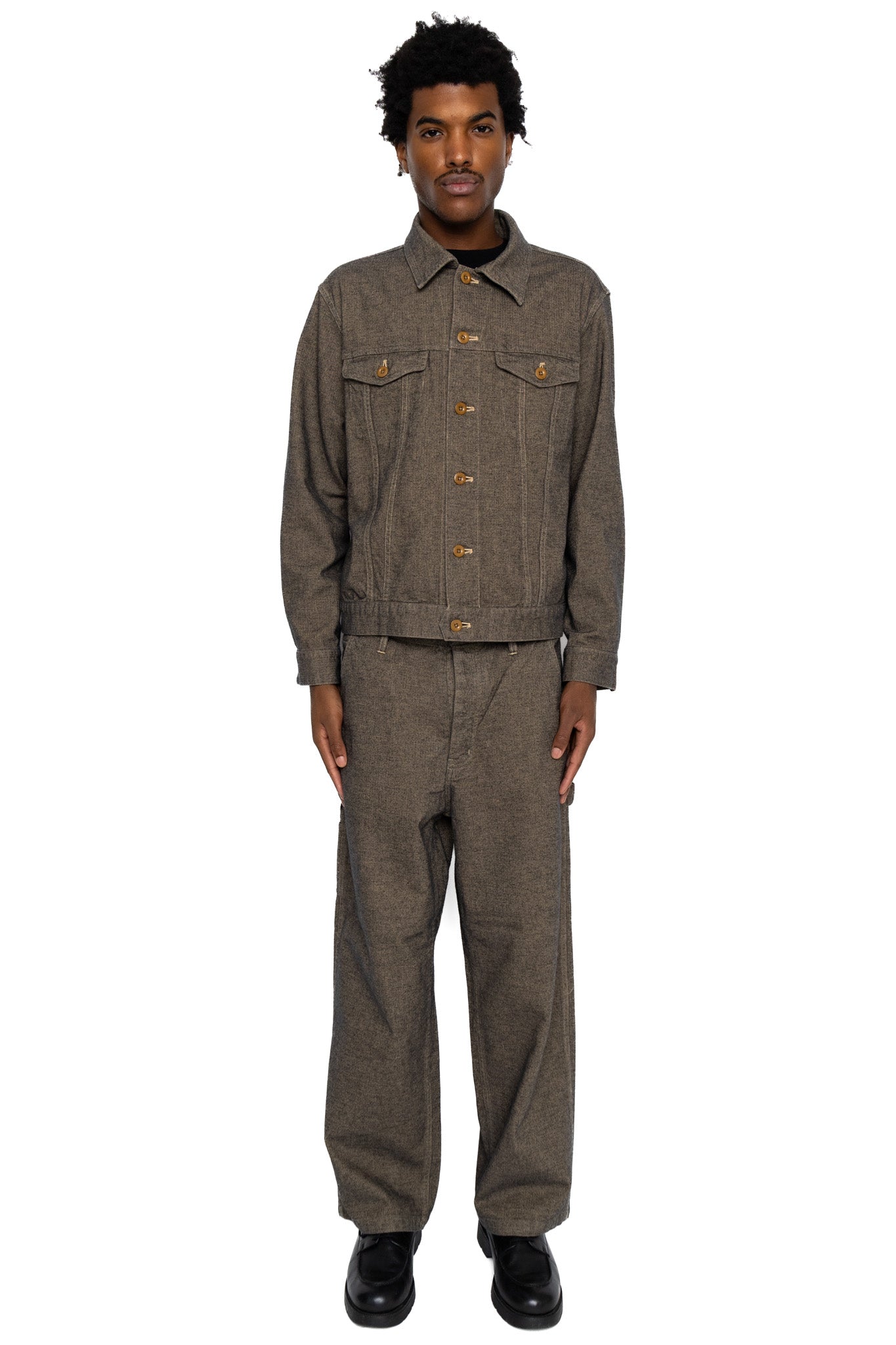 Garment Dye Woolly Finish Herringbone Cloth Double Flap Pocket Short Jacket - Khaki
