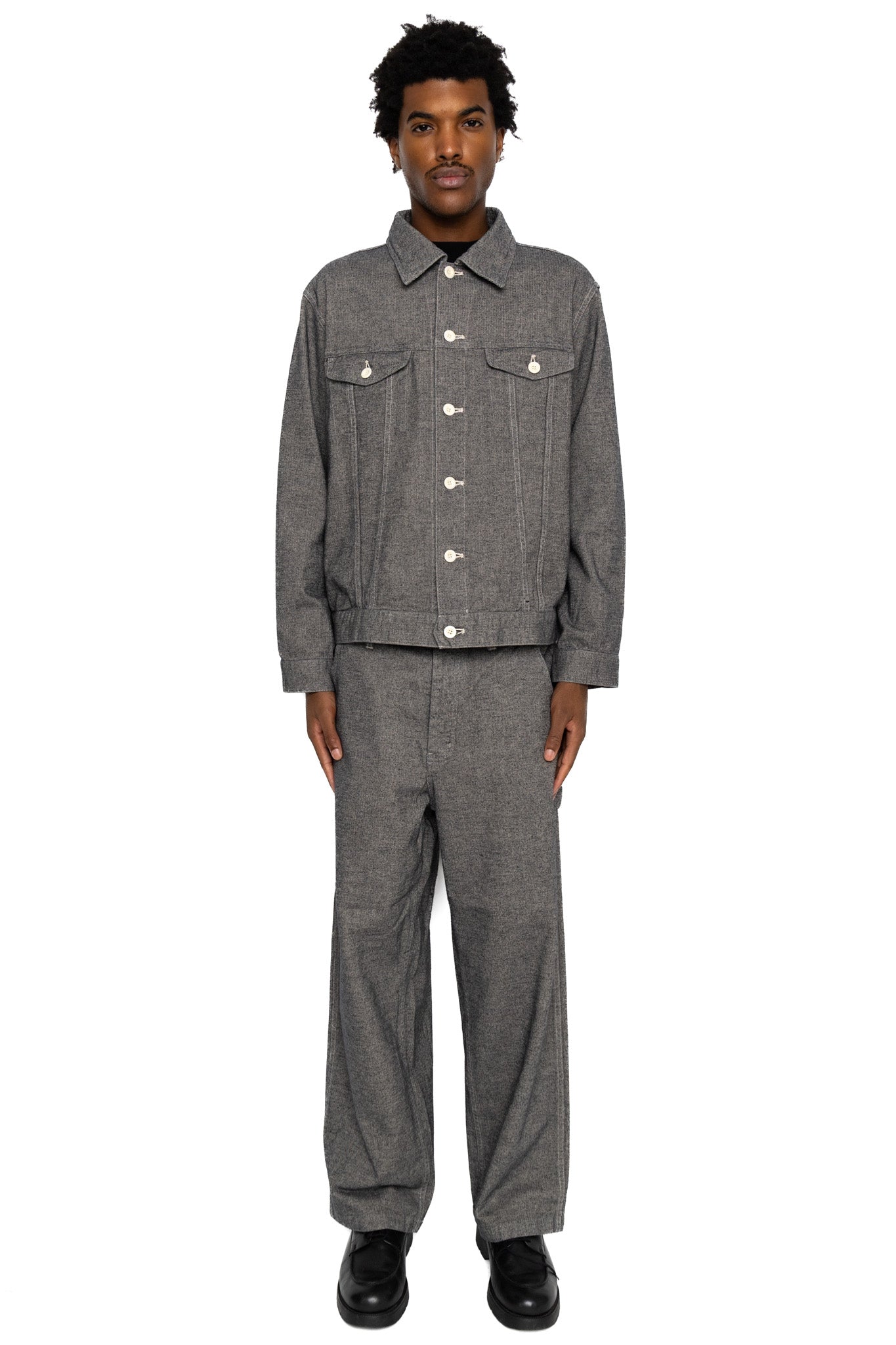 Garment Dye Woolly Finish Herringbone Cloth Double Flap Pocket Short Jacket - Grey
