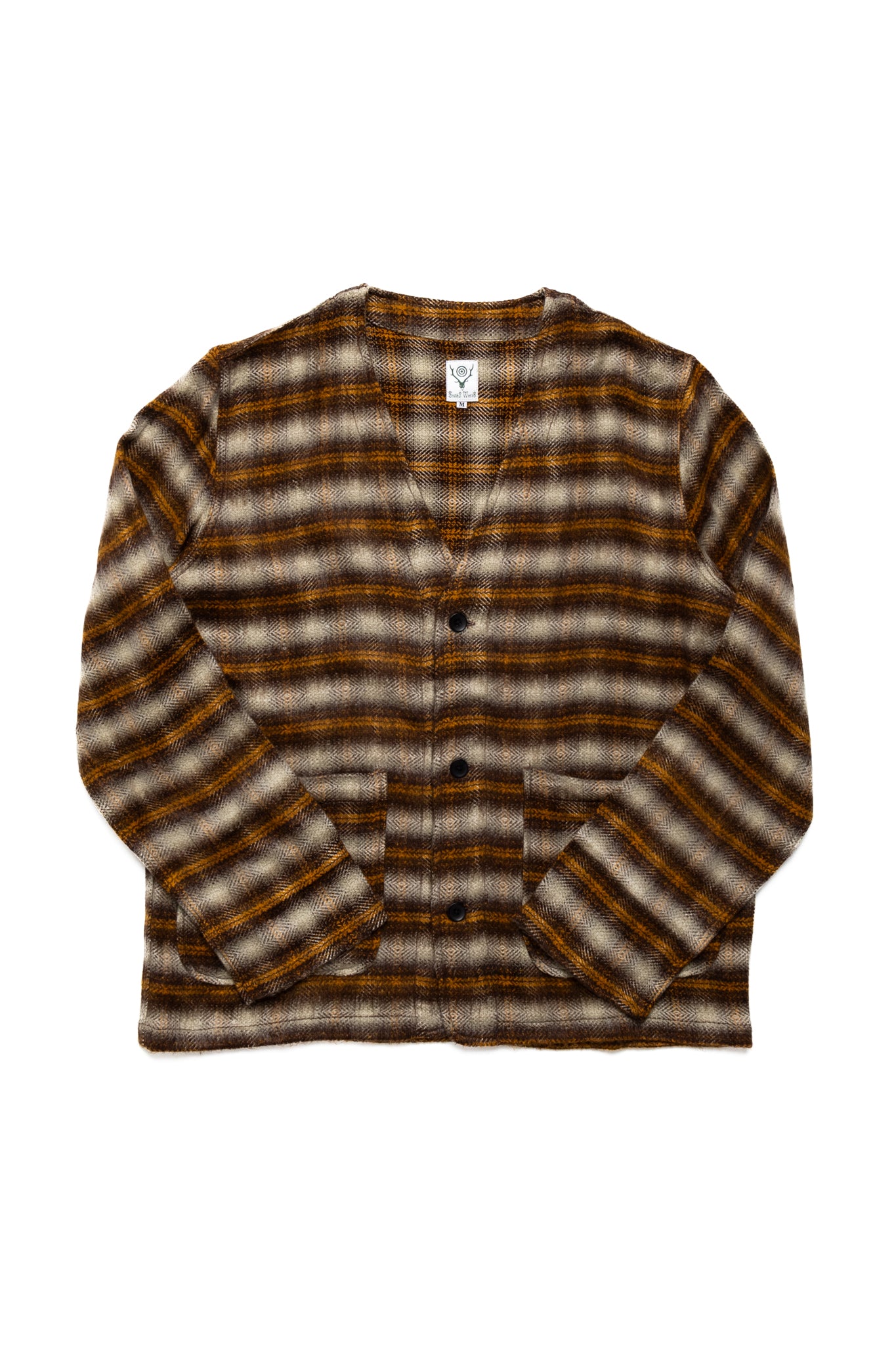 V Neck Jacket Acrylic Plaid - Yellow/Brown