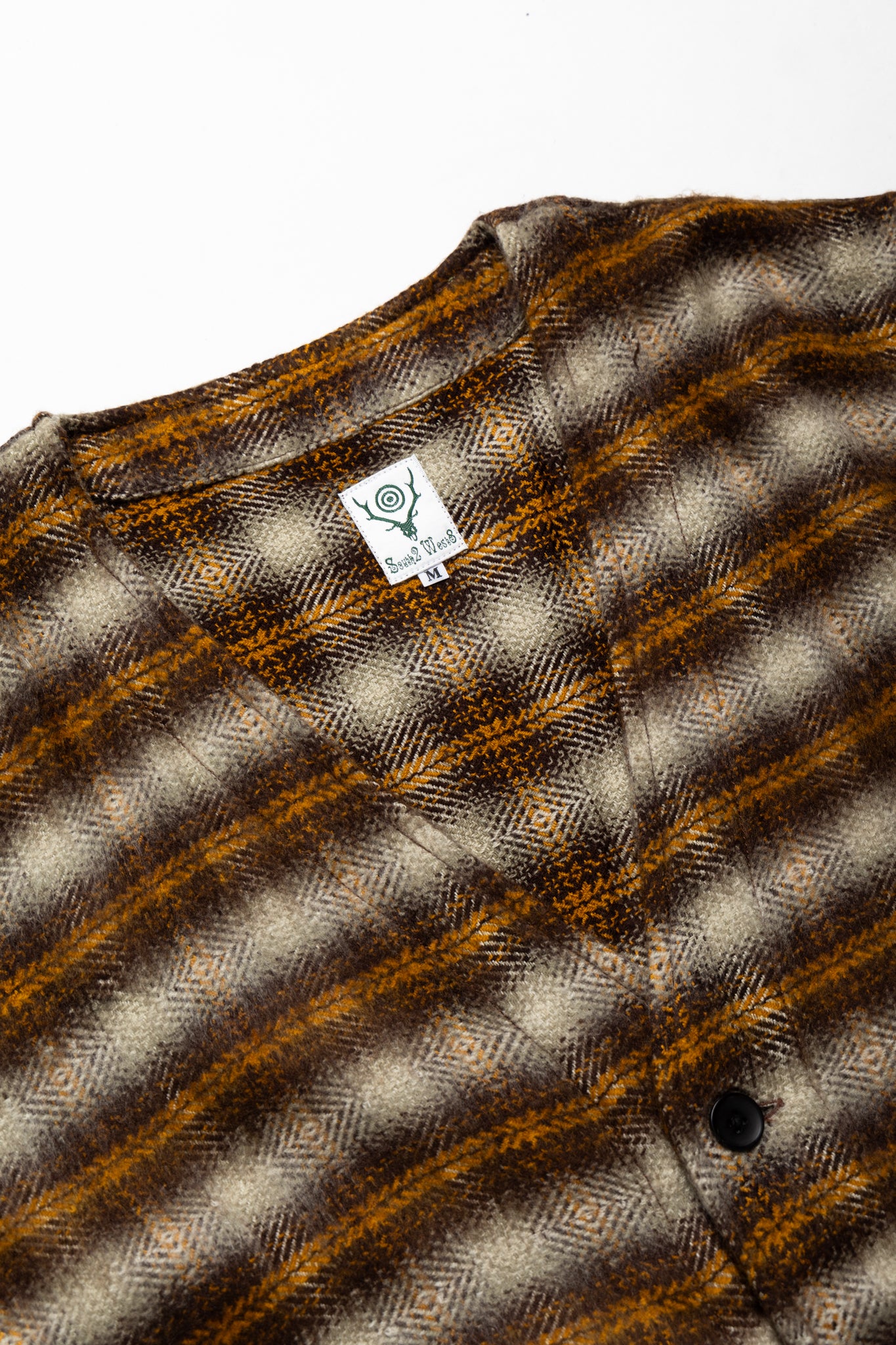 V Neck Jacket Acrylic Plaid - Yellow/Brown
