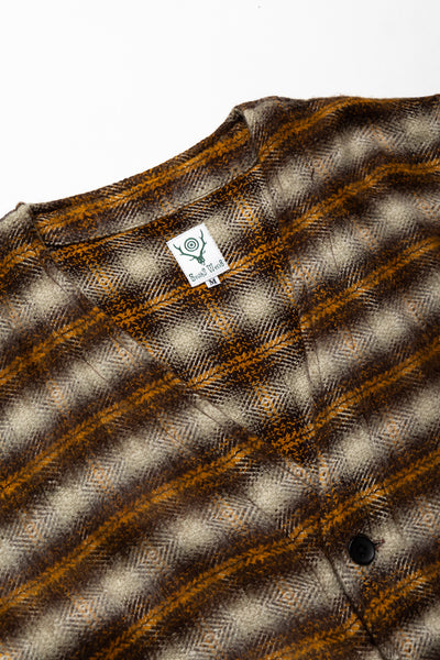 V Neck Jacket Acrylic Plaid - Yellow/Brown