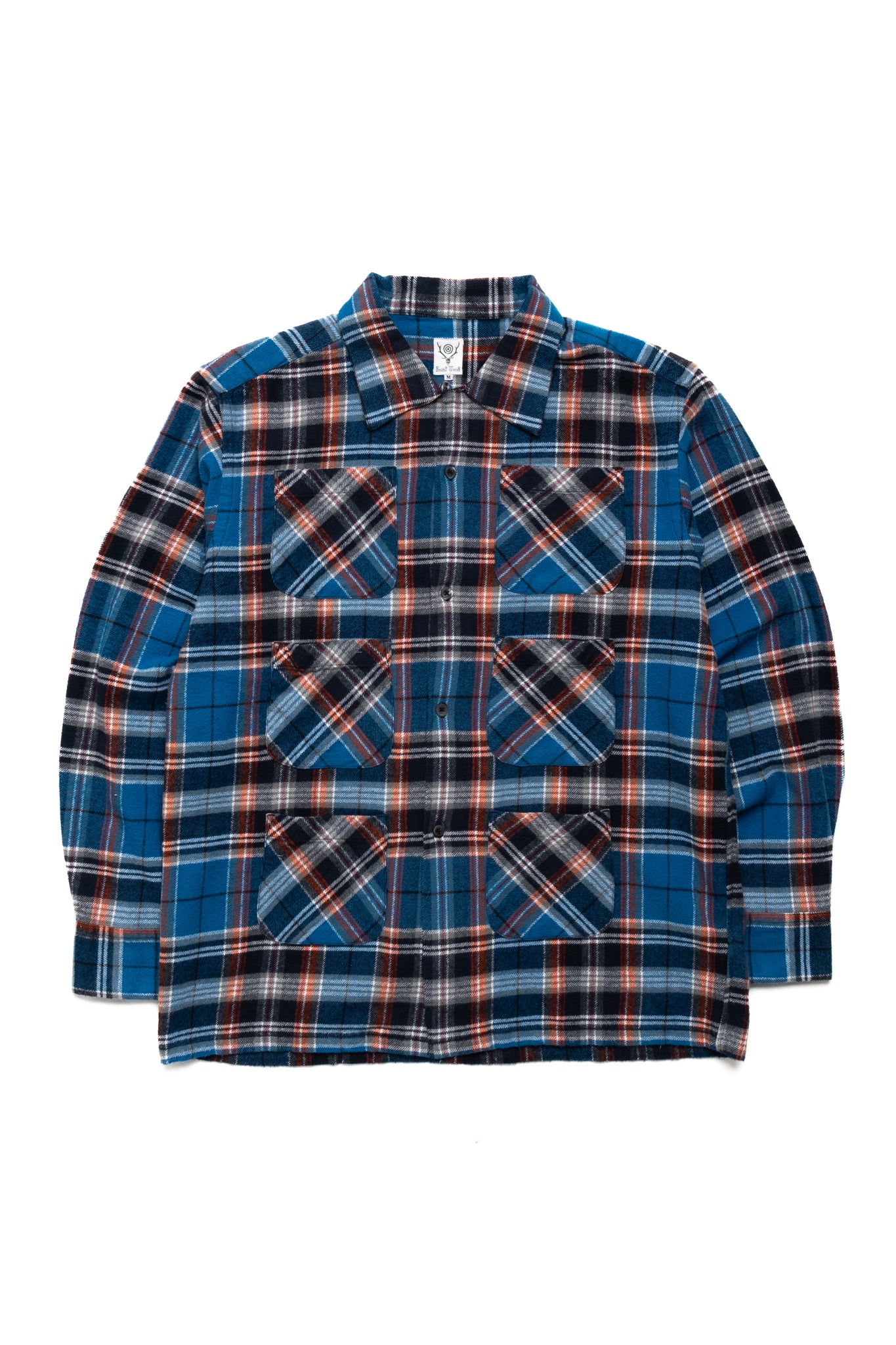 6 Pocket Shirt Flannel Twill / Plaid- Blue x Orange