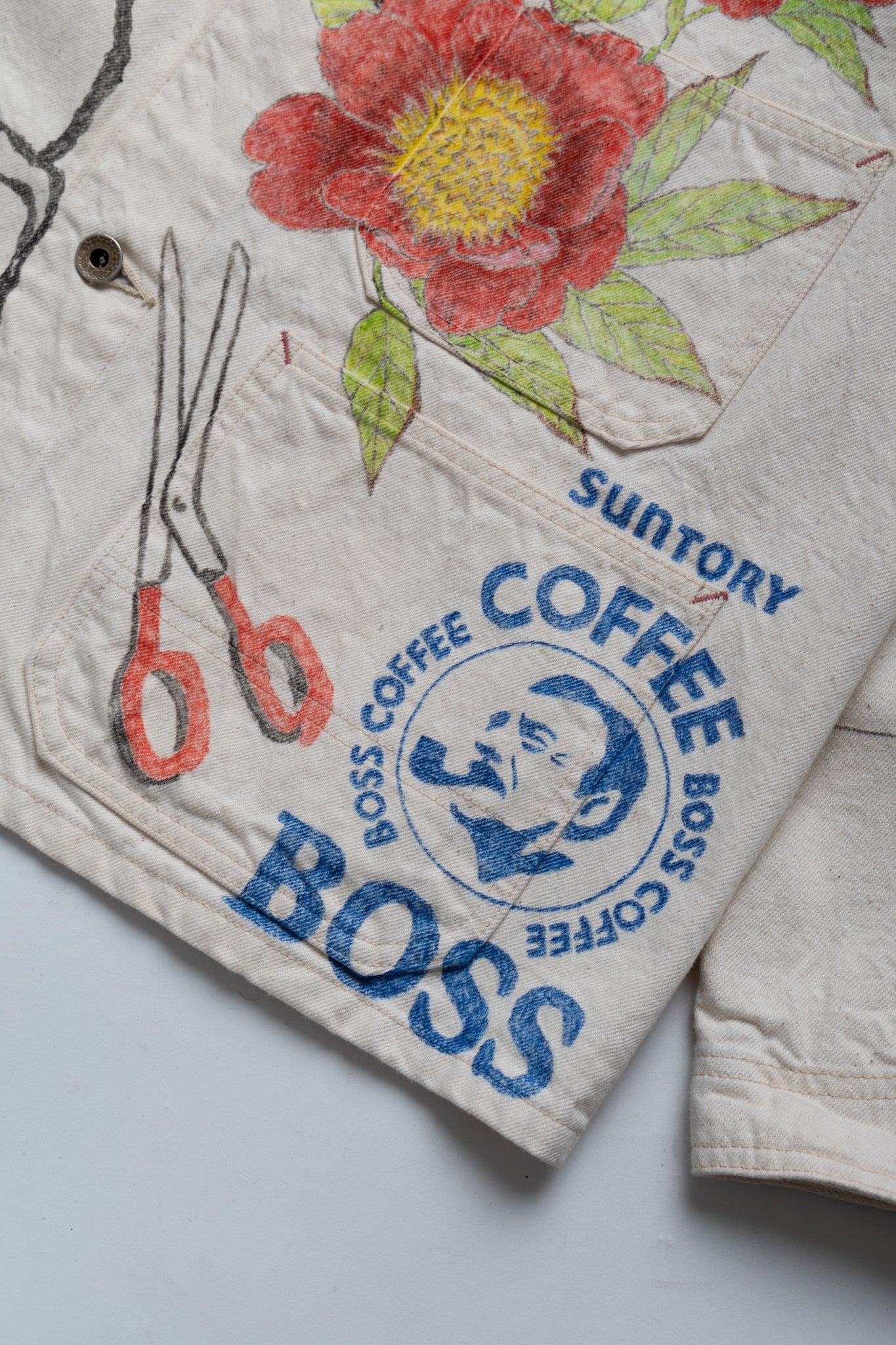 Custom Hand-Drawn Ecru Denim Chore Jacket - Blue in Green Exclusive