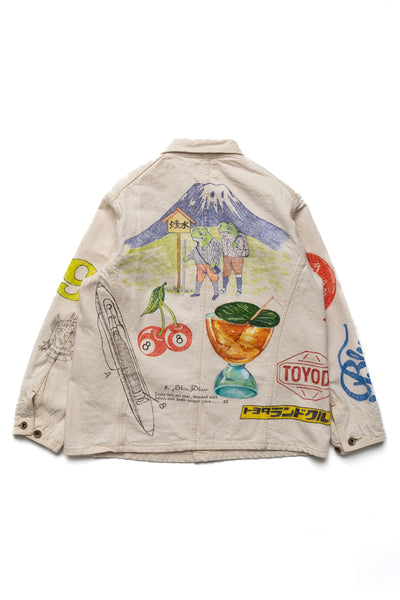 Custom Hand-Drawn Ecru Denim Chore Jacket - Blue in Green Exclusive