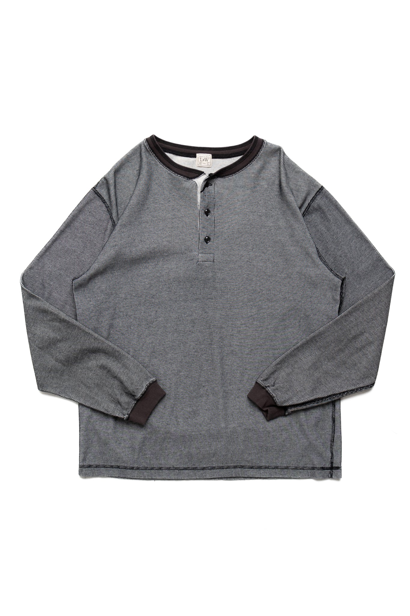 Double Face Vintage Pinstripe Rib Knit L/S Henley - N. Black