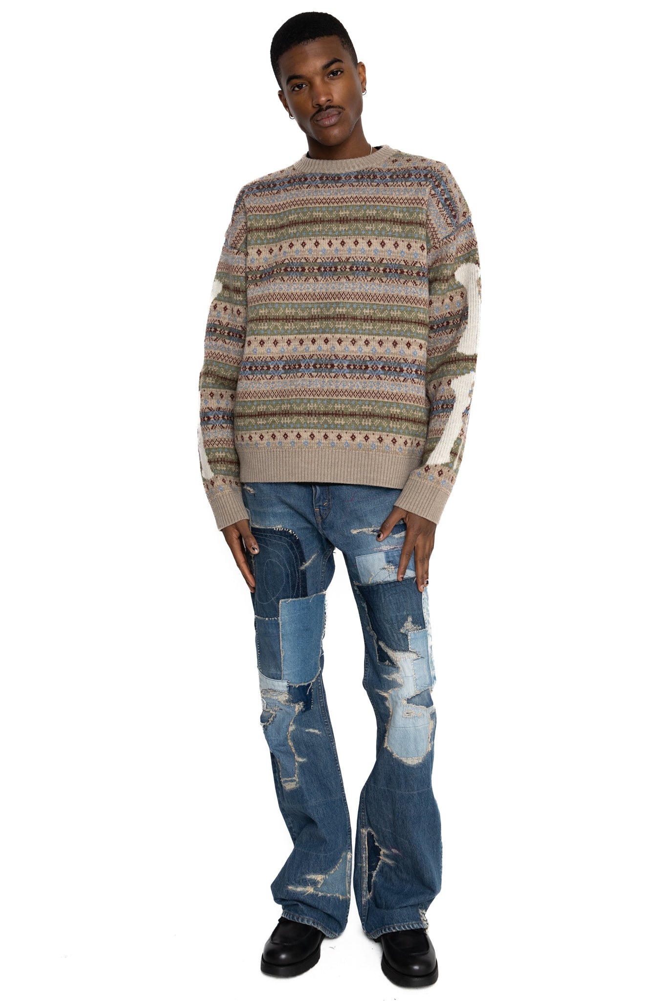 7G Wool FairIsle BONE Crew Sweater - Sax