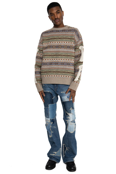 7G Wool FairIsle BONE Crew Sweater - Sax