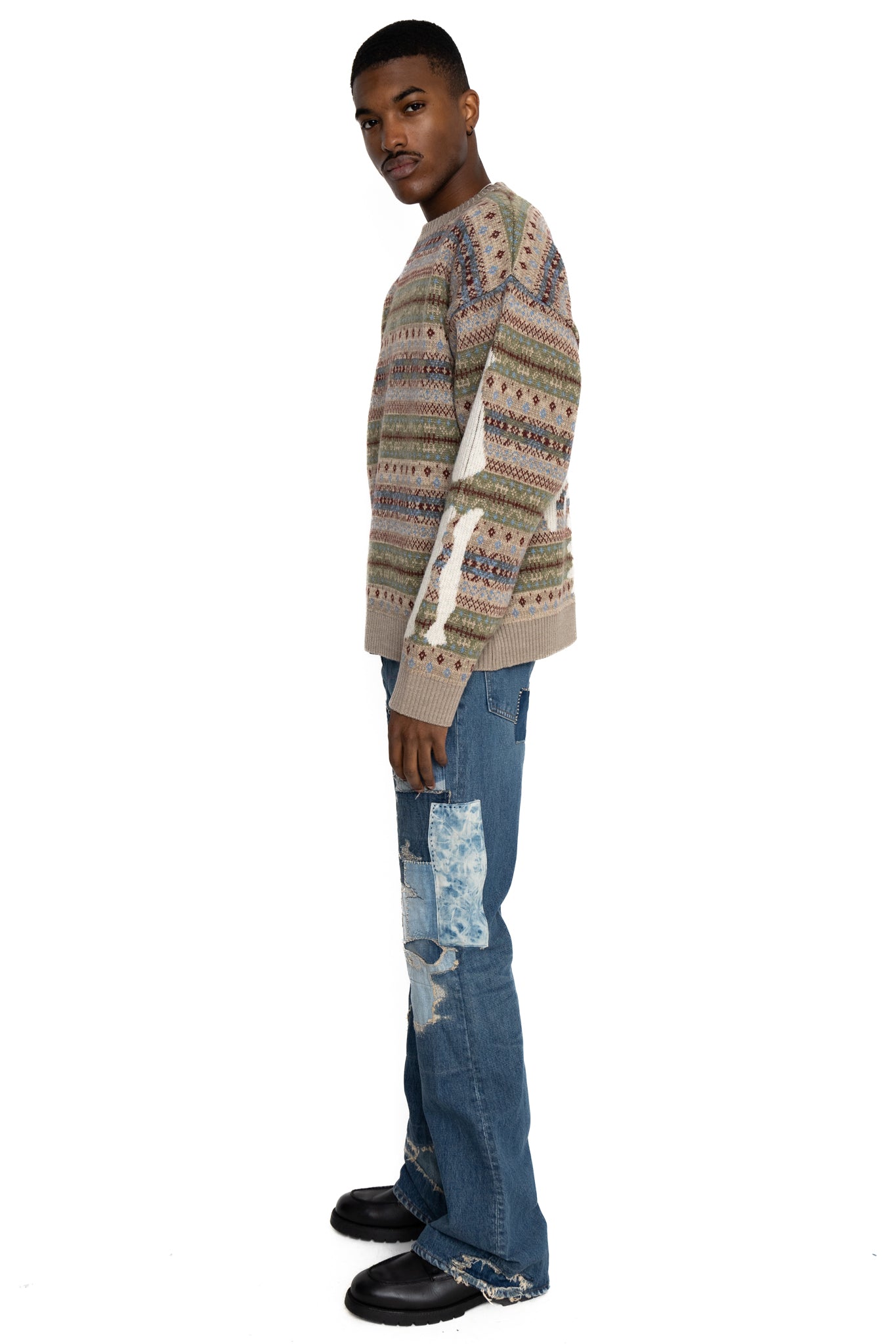 7G Wool FairIsle BONE Crew Sweater - Sax