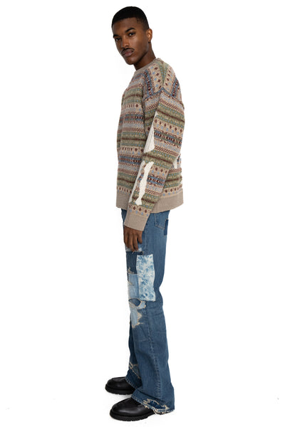 7G Wool FairIsle BONE Crew Sweater - Sax
