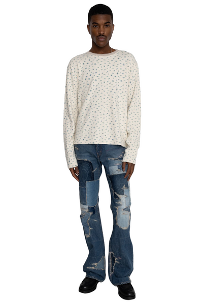 Waffle Jersey Callico Print Long Sleeve Crew T - Blue