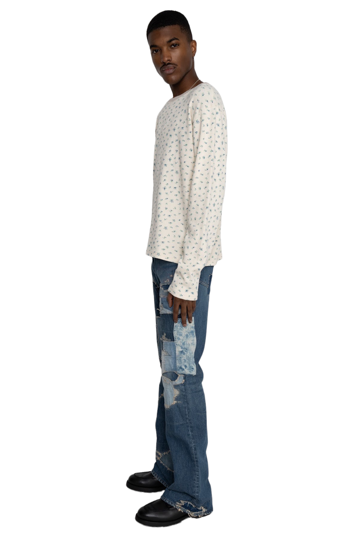 Waffle Jersey Callico Print Long Sleeve Crew T - Blue