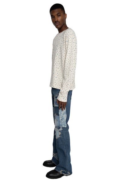 Waffle Jersey Callico Print Long Sleeve Crew T - Blue