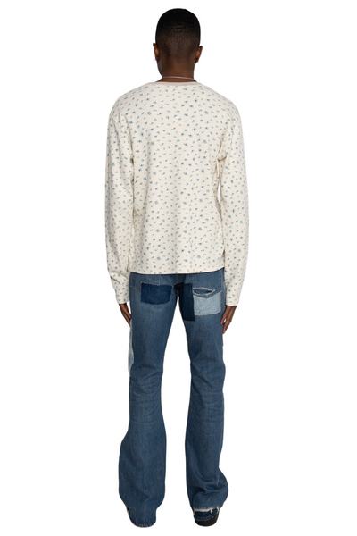 Waffle Jersey Callico Print Long Sleeve Crew T - Blue