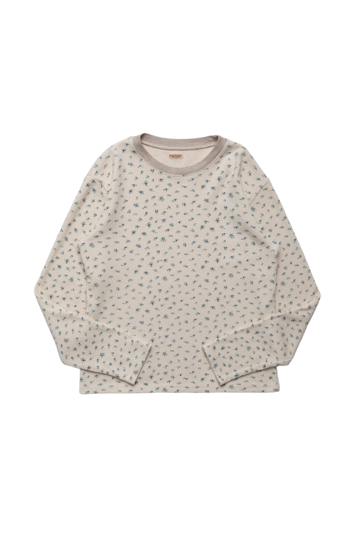 Waffle Jersey Callico Print Long Sleeve Crew T - Blue