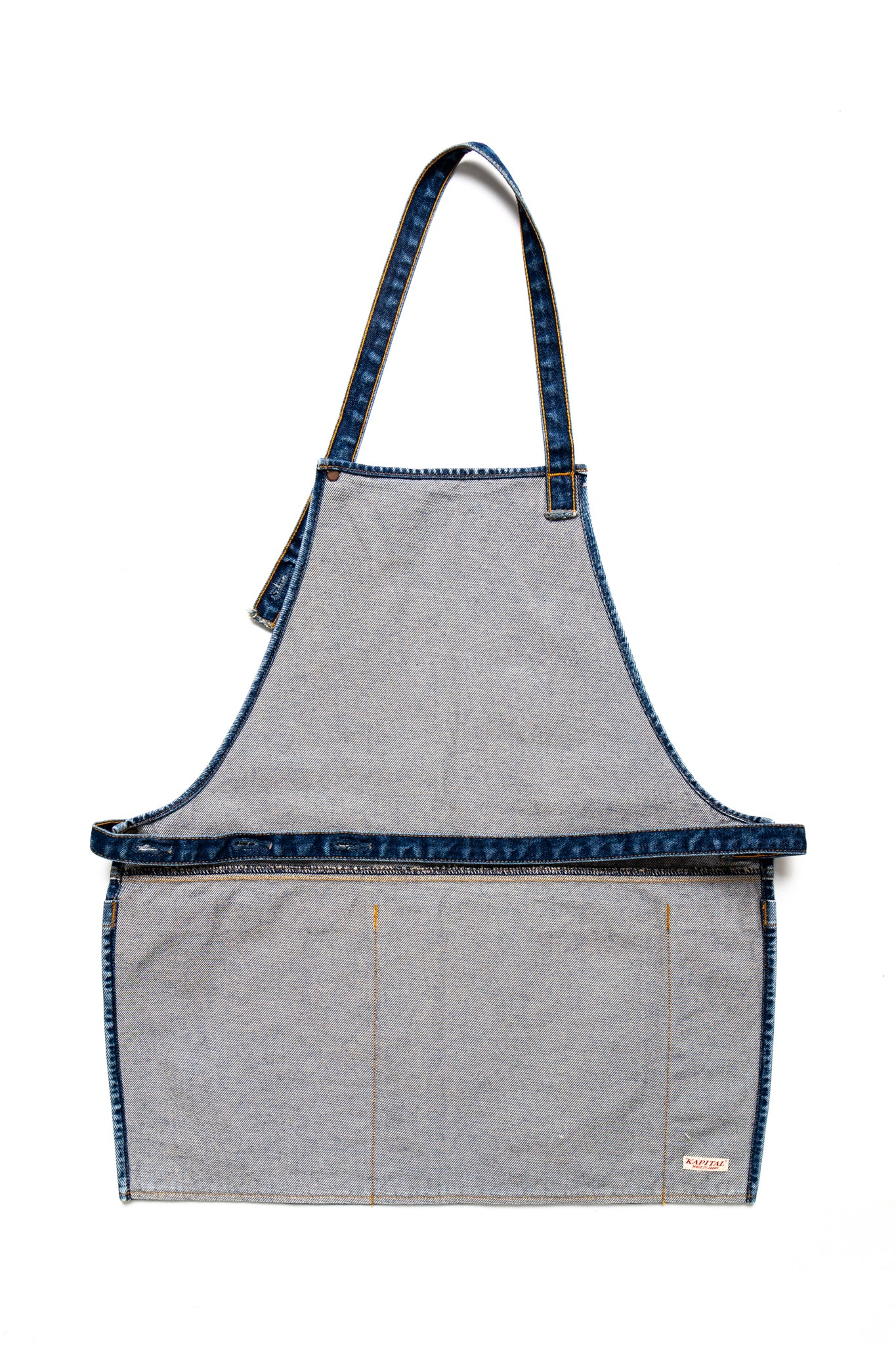 Kapital 2023 Spring Summer advertising apron with a vintage-like logo 3 pockets with different sizes. Featured on the apron is yellow Novelty typography. 13oz distressed denim. Color: Yellow 100% Cotton Made in Japan. 