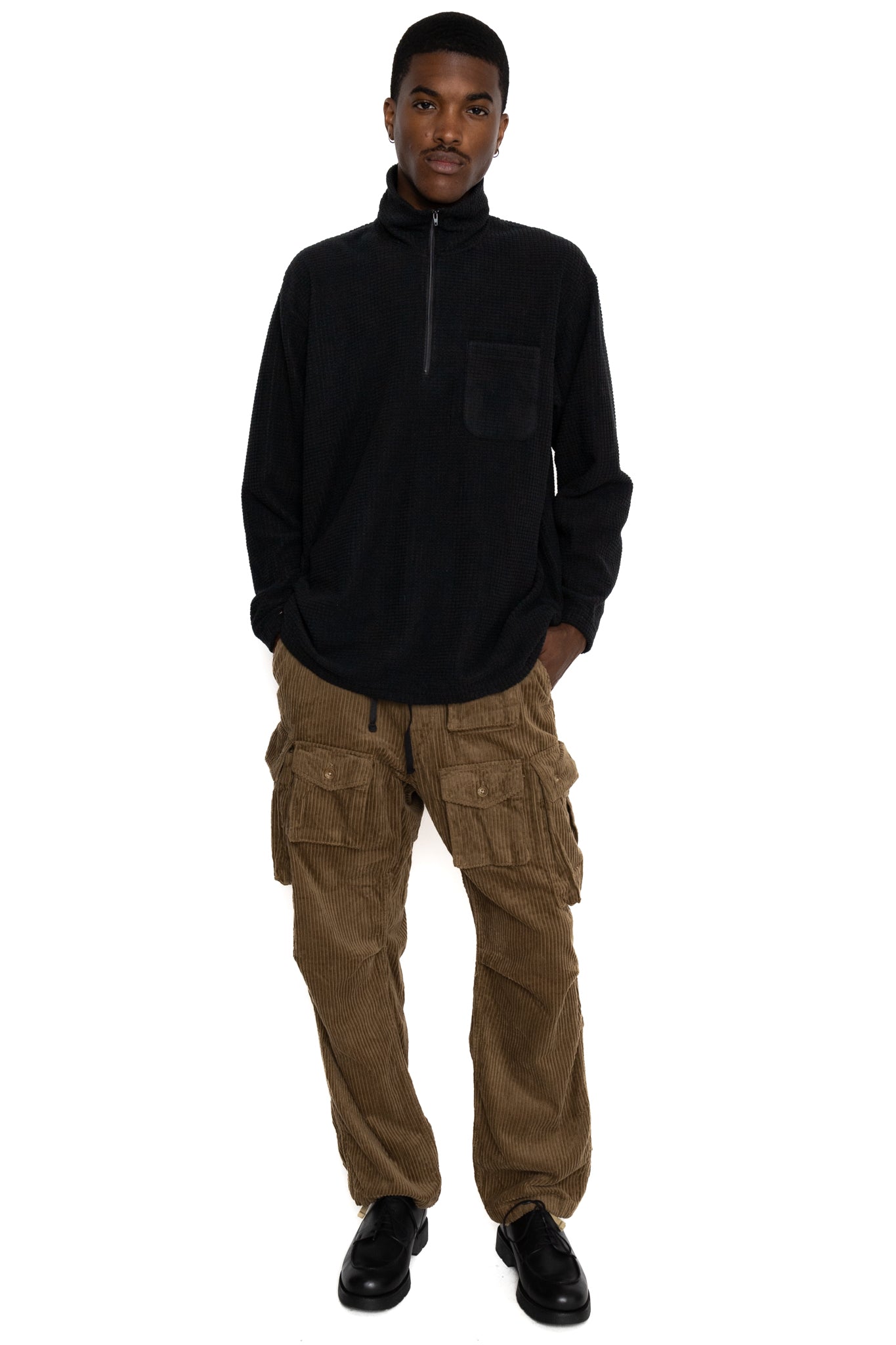 Zip Mock Neck Polyester Waffle - Black
