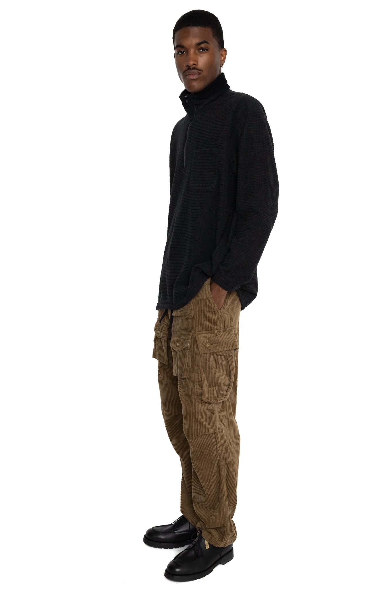 Zip Mock Neck Polyester Waffle - Black