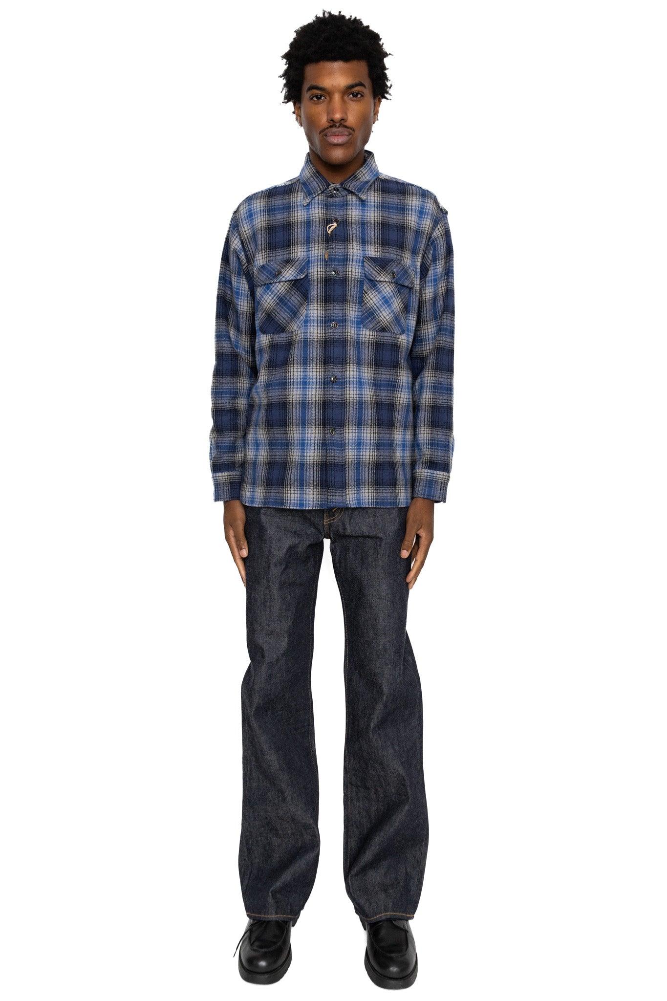 Fiction Romance Herringbone Twill Check L/S Work Shirt - Navy