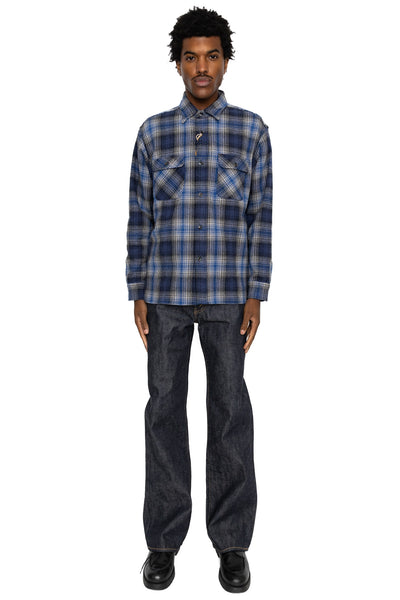 Fiction Romance Herringbone Twill Check L/S Work Shirt - Navy